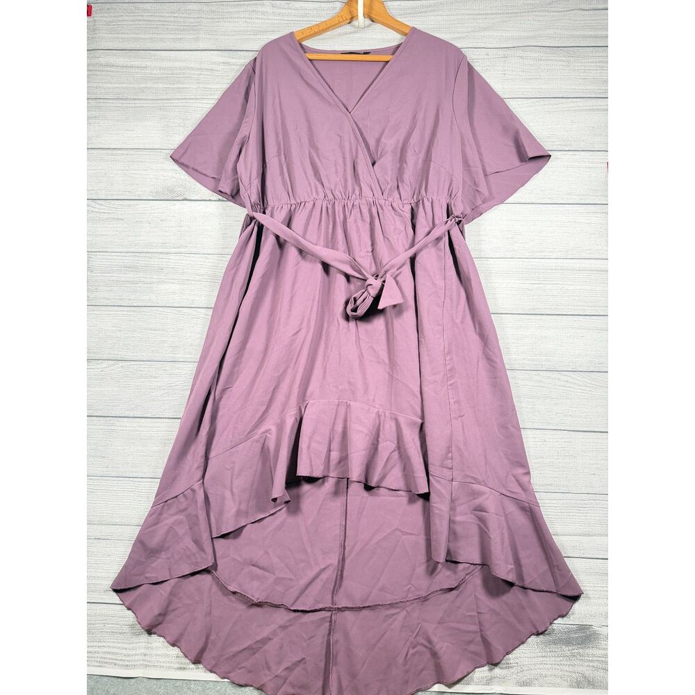 BloomChic Womens 2X 18/20 Purple Wrap High Low Ruffle Belted Dress 4253